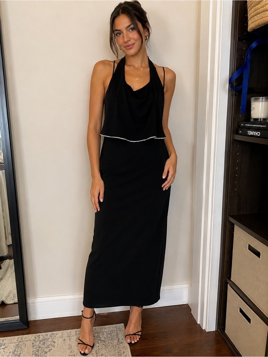 Jones New York Dresses & Skirts - Jones of New York Black Halter Evening Dress with Rhinestone Trim